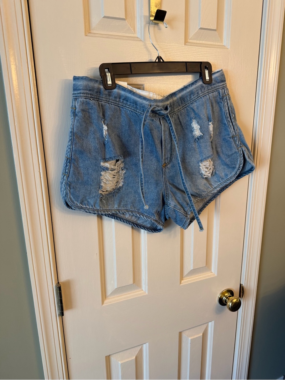 Umgee Distressed Light Blue Denim Drawstring Shorts